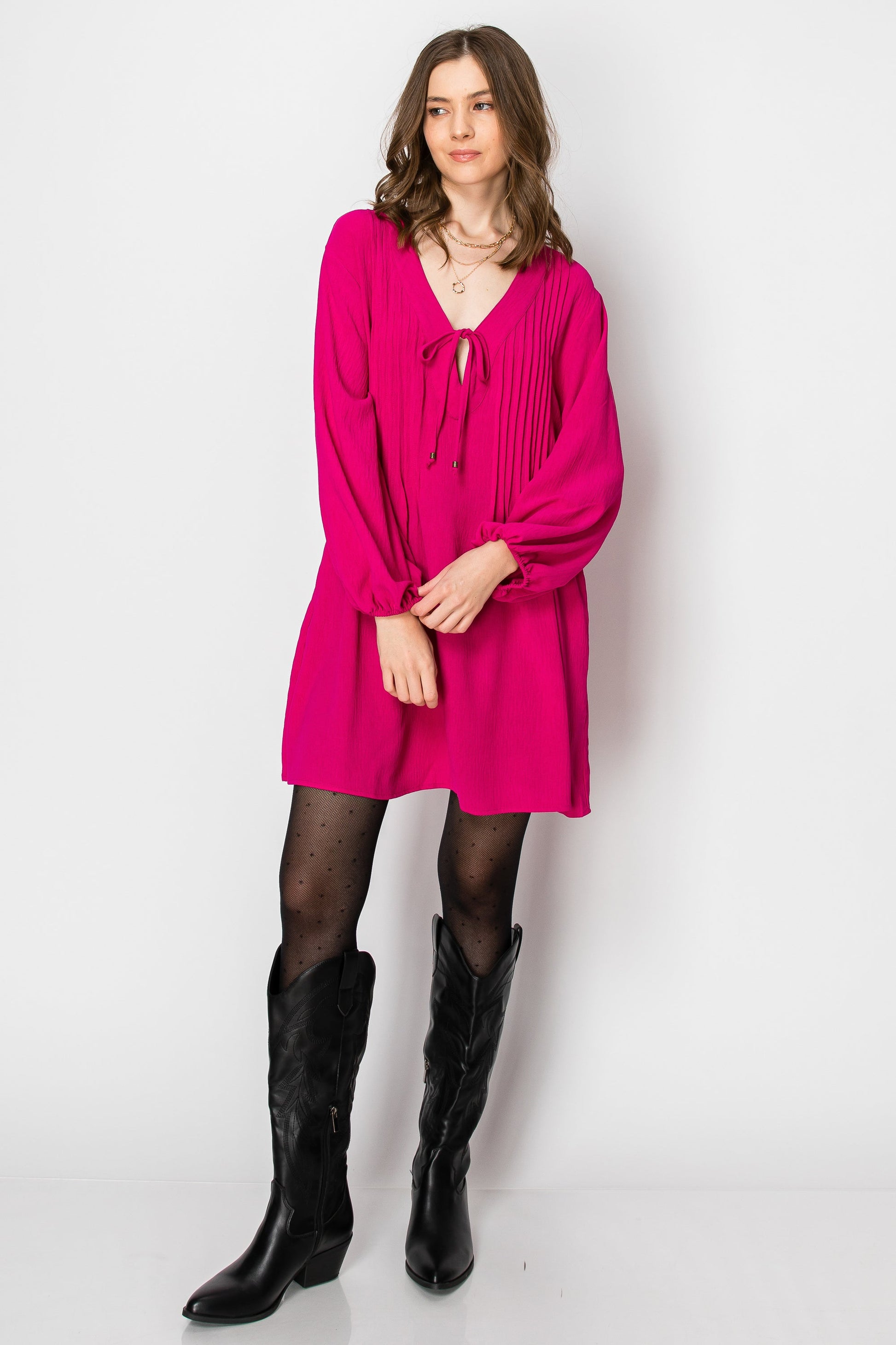 Pintuck A-line Dress With Front Tie (Hot Pink)
