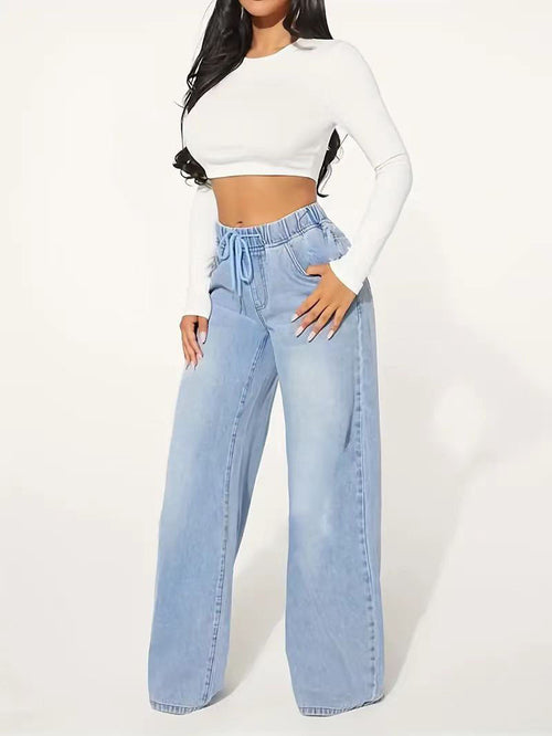High Waist Drawstring Wide Leg Jeans – Light Blue