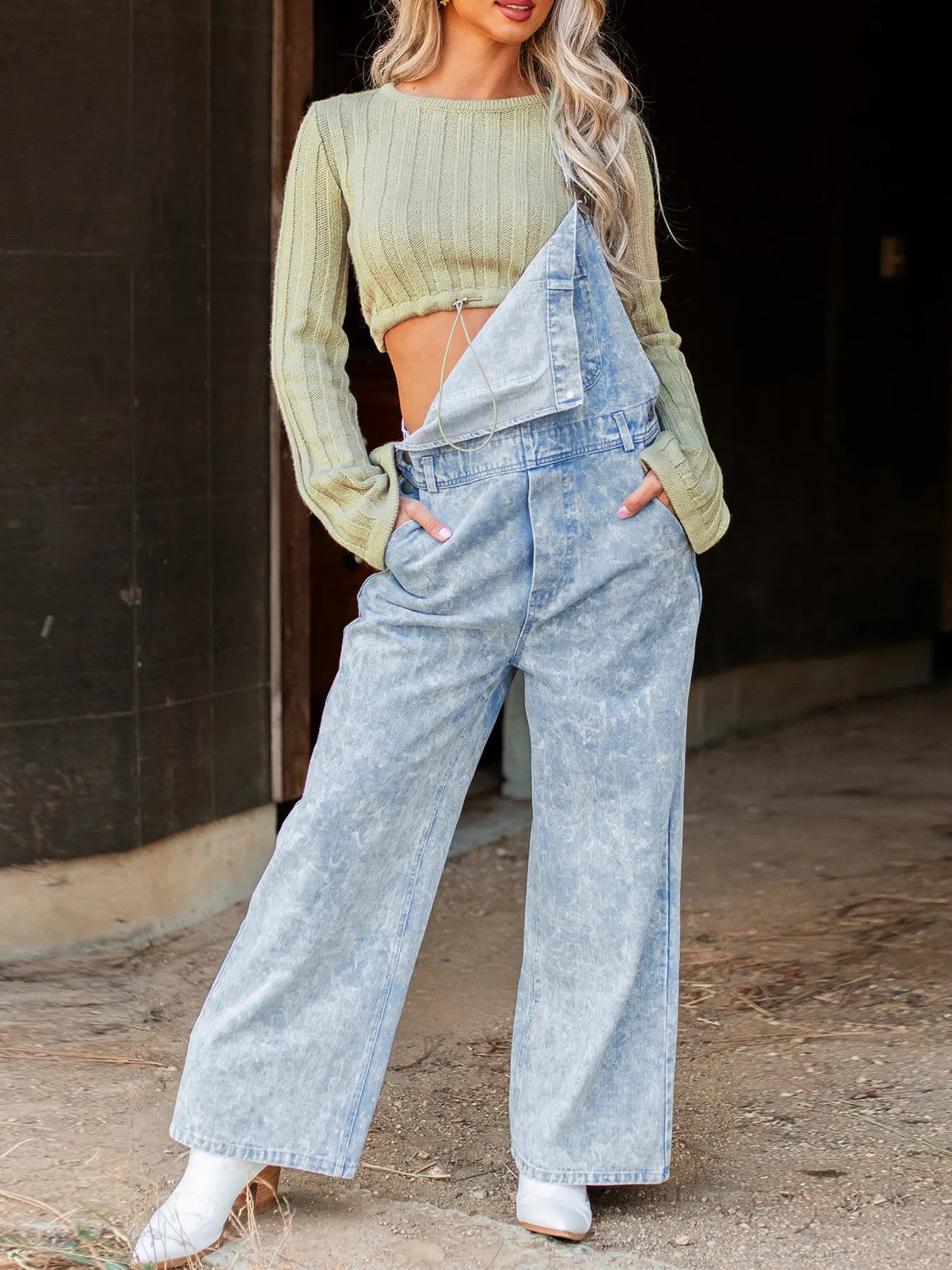 Vintage Washed Wide Leg Denim Overalls with Front Pockets