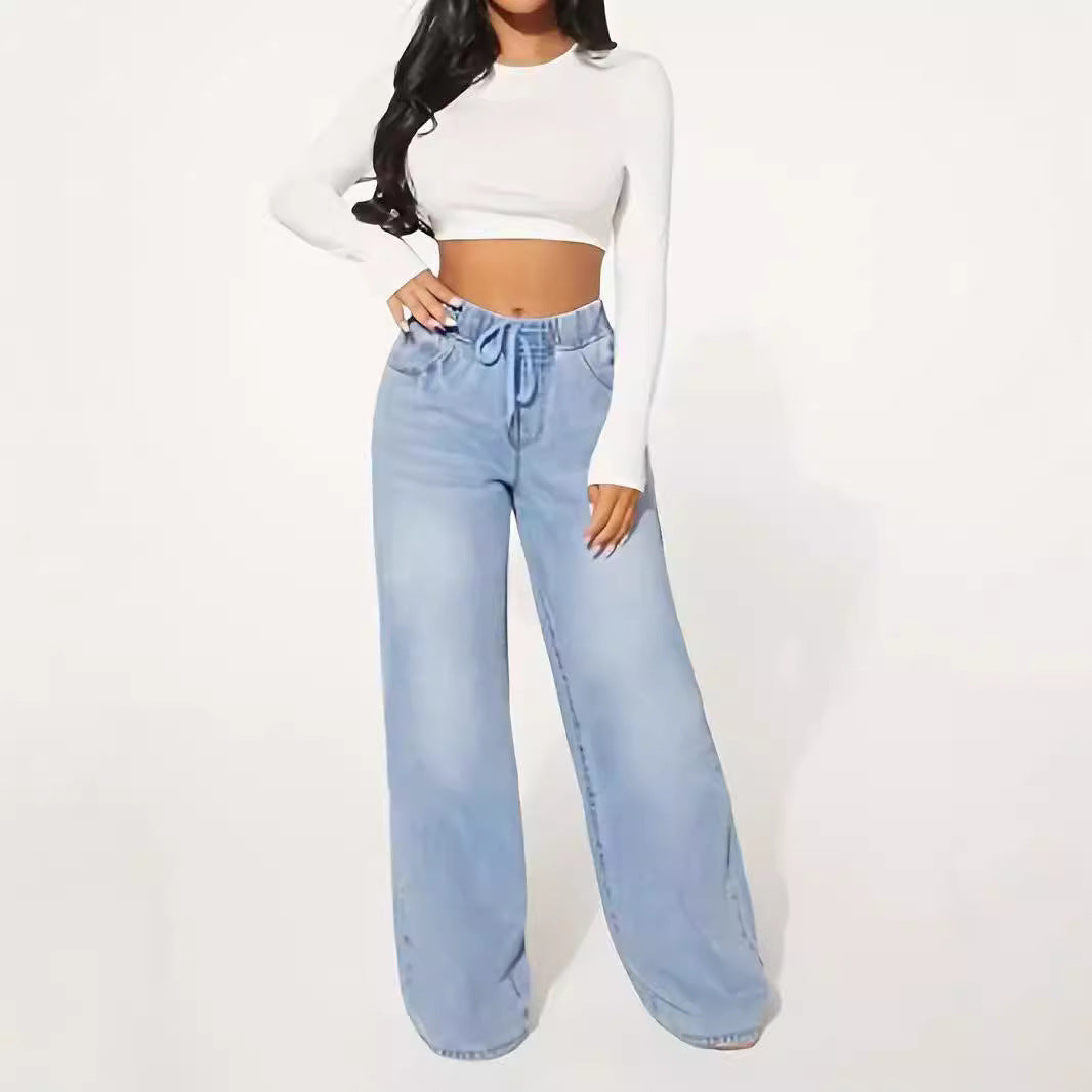 High Waist Drawstring Wide Leg Jeans – Light Blue