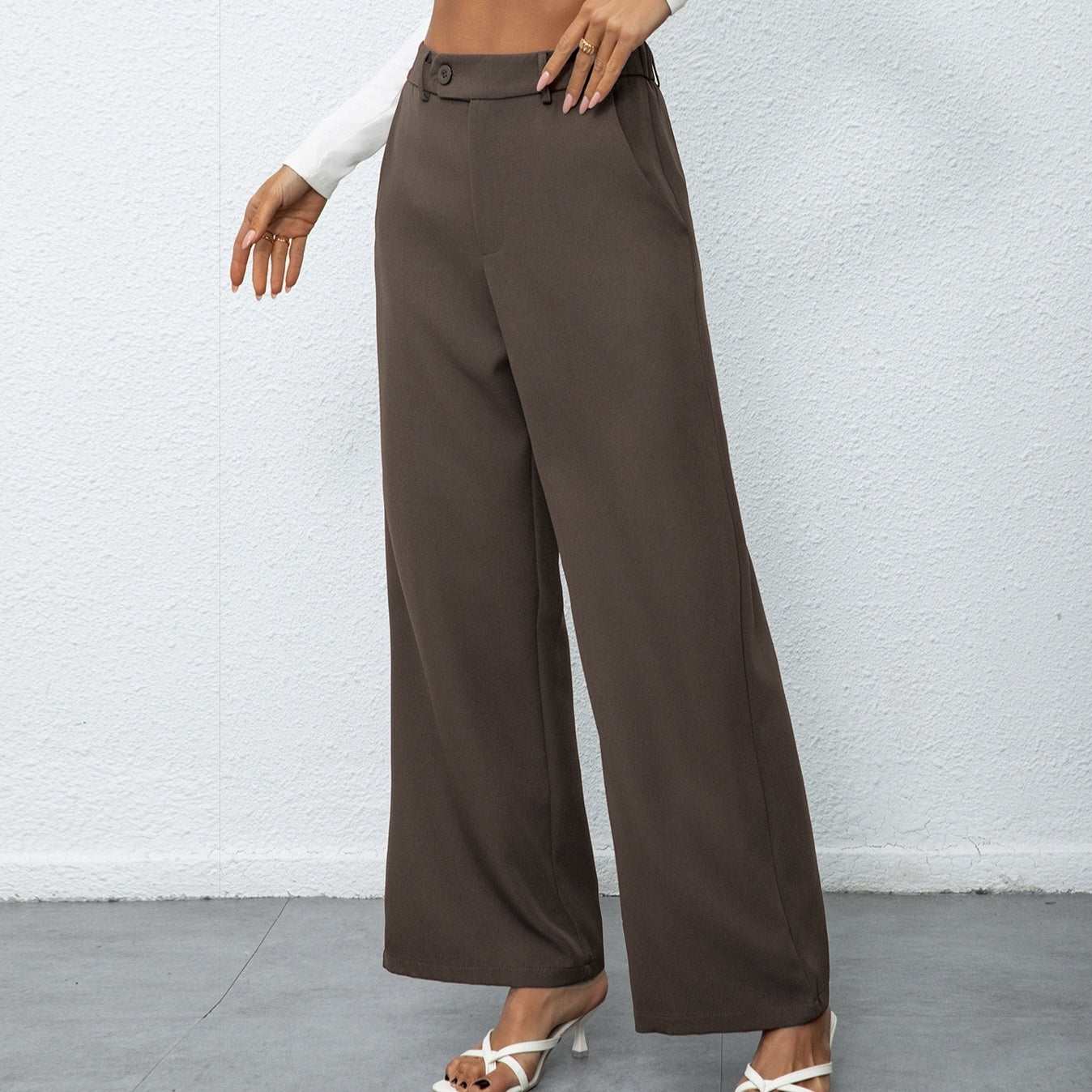Solid Color Stylish Elegant Button Wide Leg Suit Pants