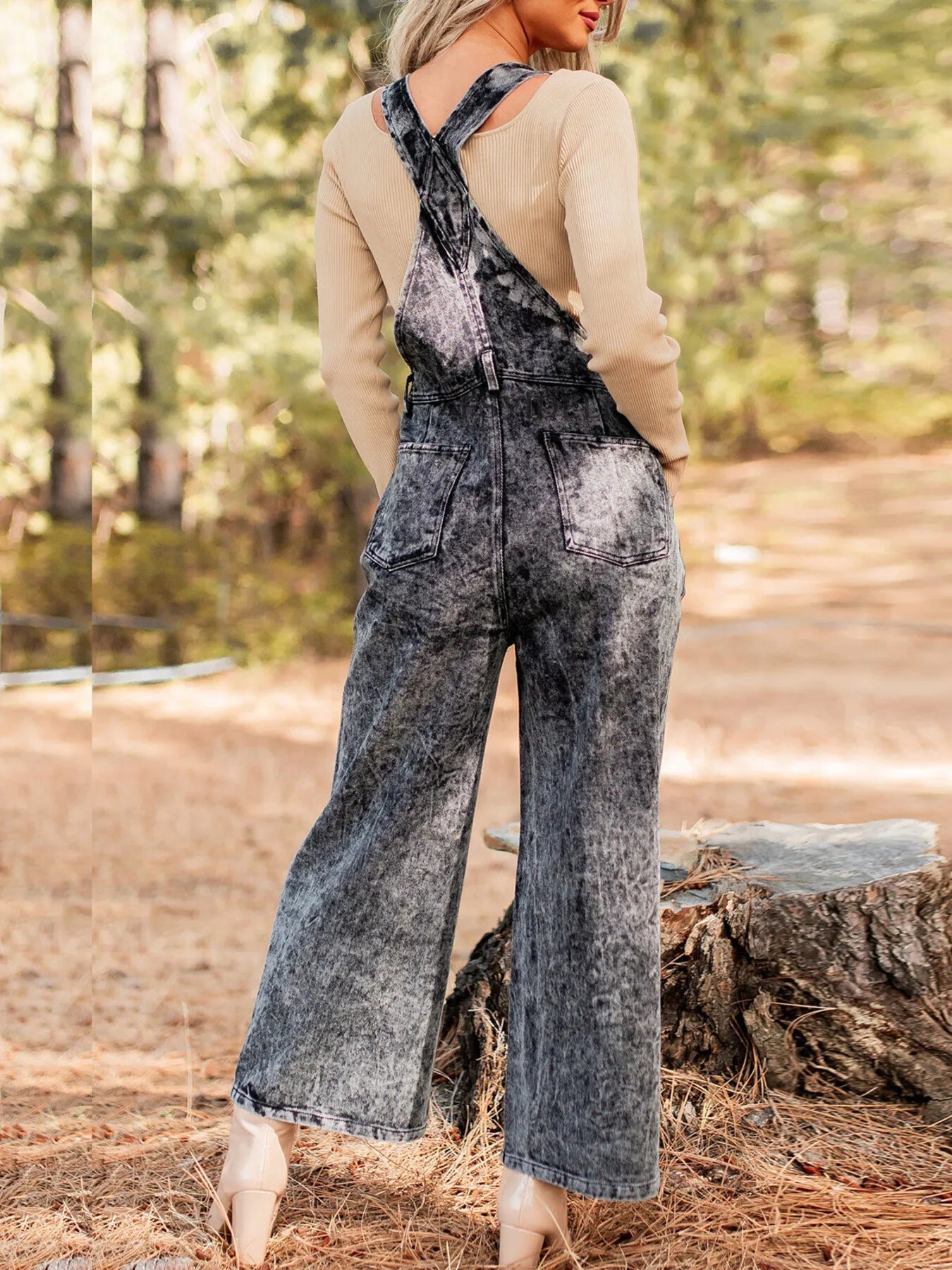 Vintage Washed Wide Leg Denim Overalls with Front Pockets