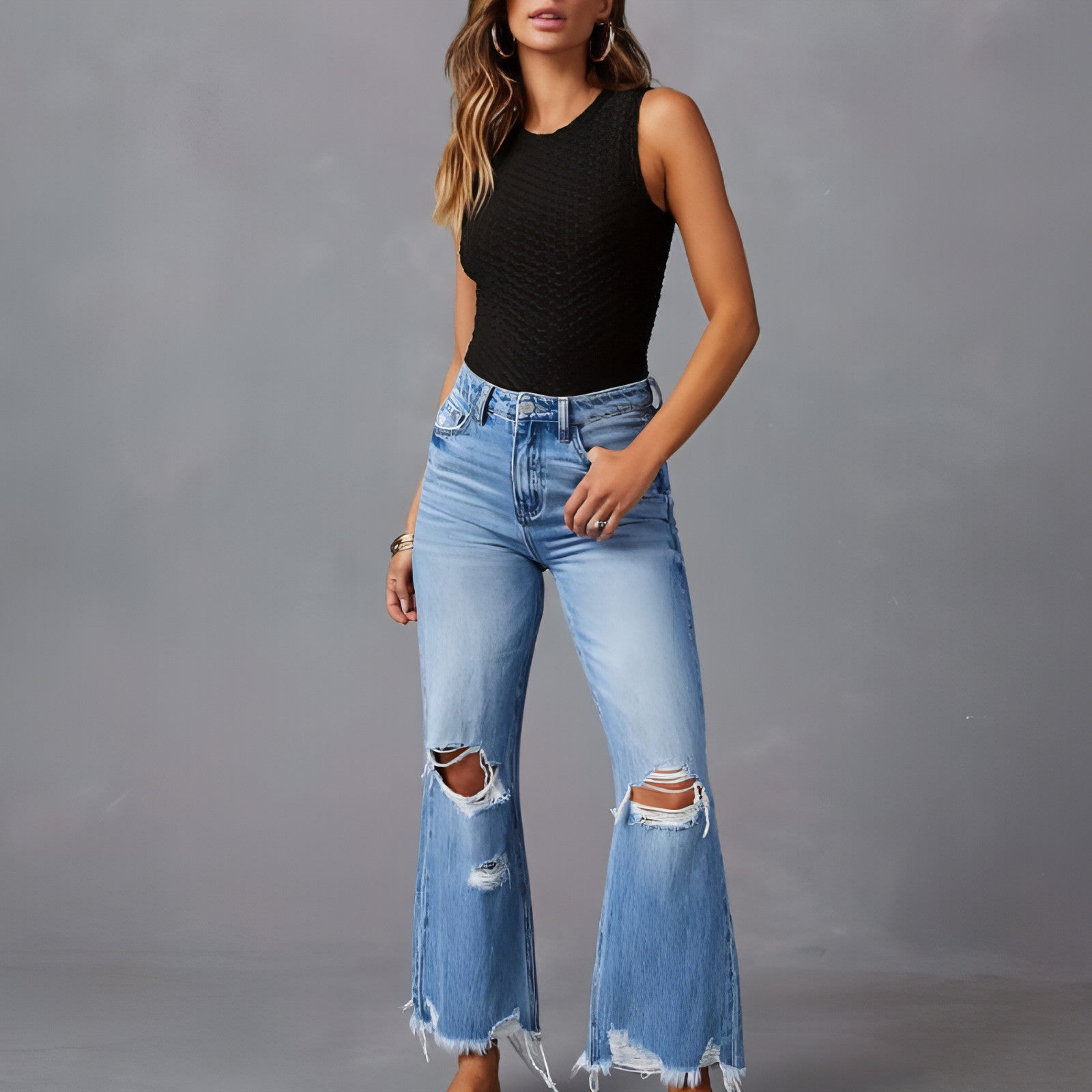 Ripped Wide-Leg High Waist Jeans