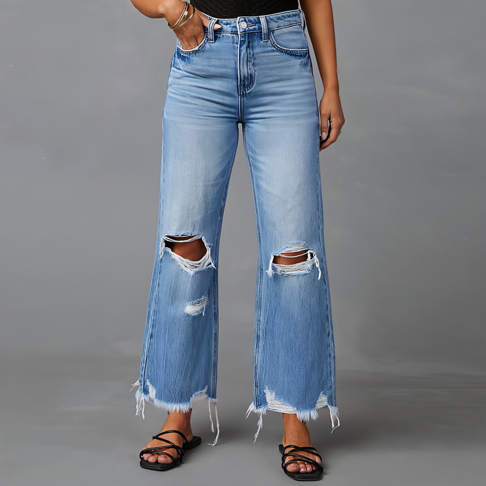 Ripped Wide-Leg High Waist Jeans