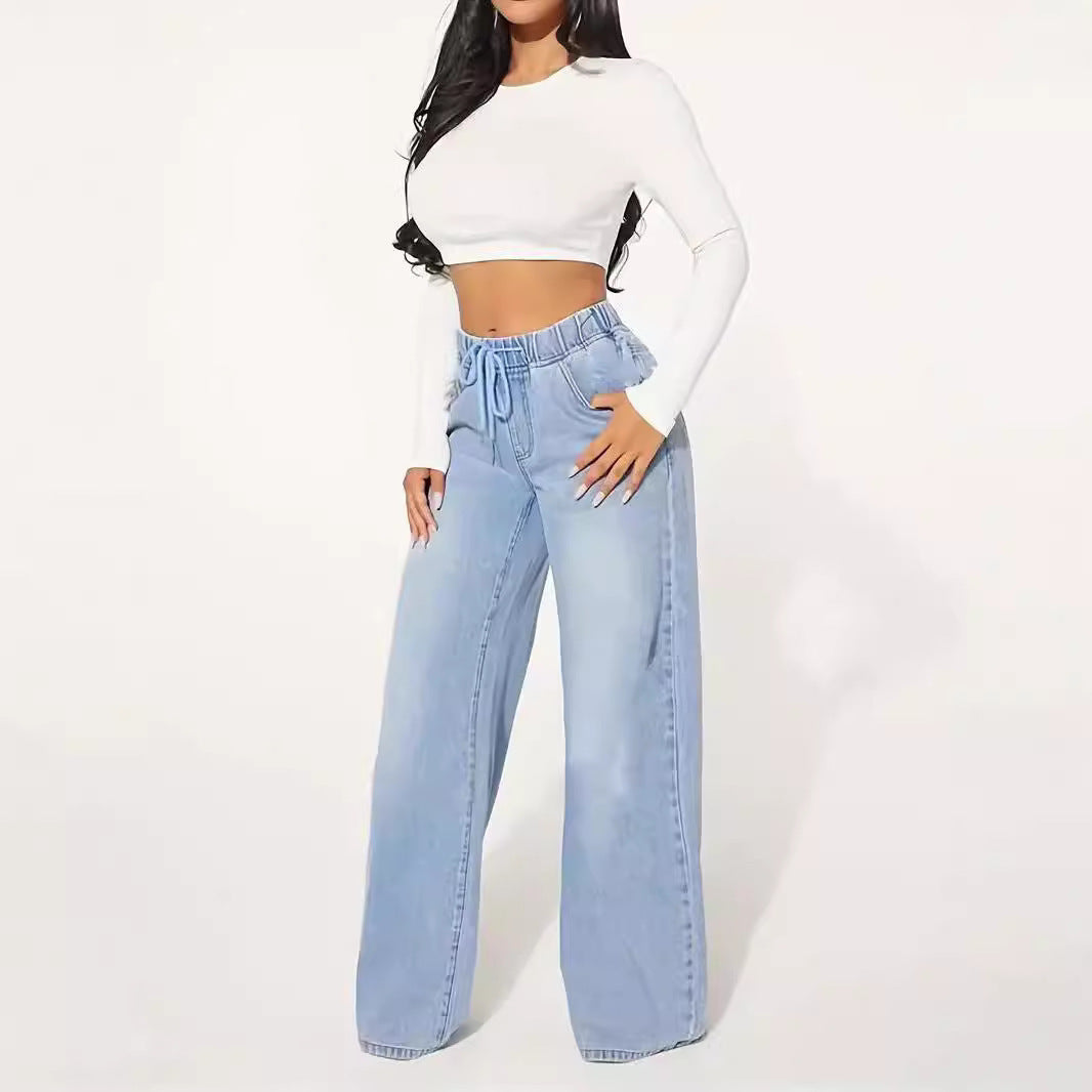 High Waist Drawstring Wide Leg Jeans – Light Blue