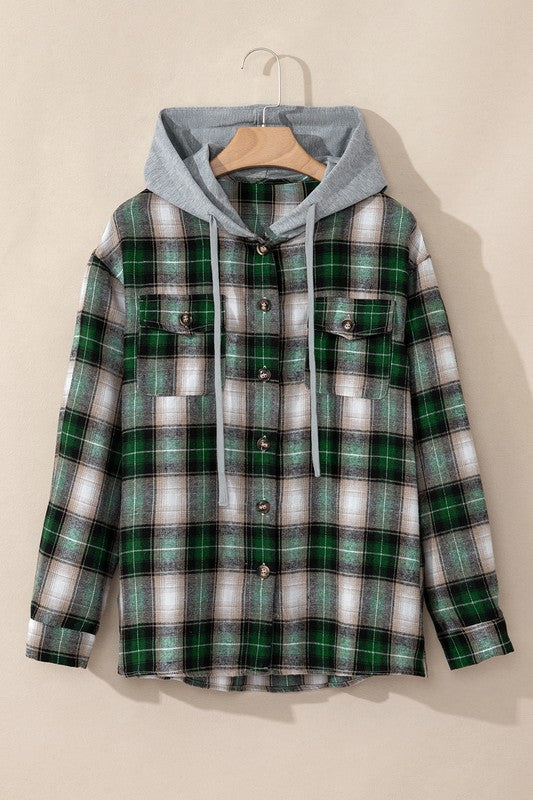 Plaid Print Chest Hooded Shacket Jackets