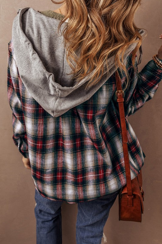 Plaid Print Chest Hooded Shacket Jackets