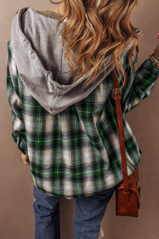 Plaid Print Chest Hooded Shacket Jackets