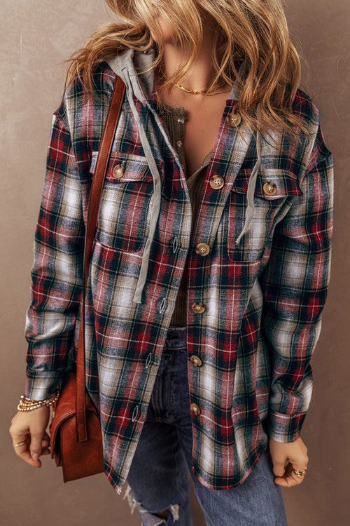 Plaid Print Chest Hooded Shacket Jackets