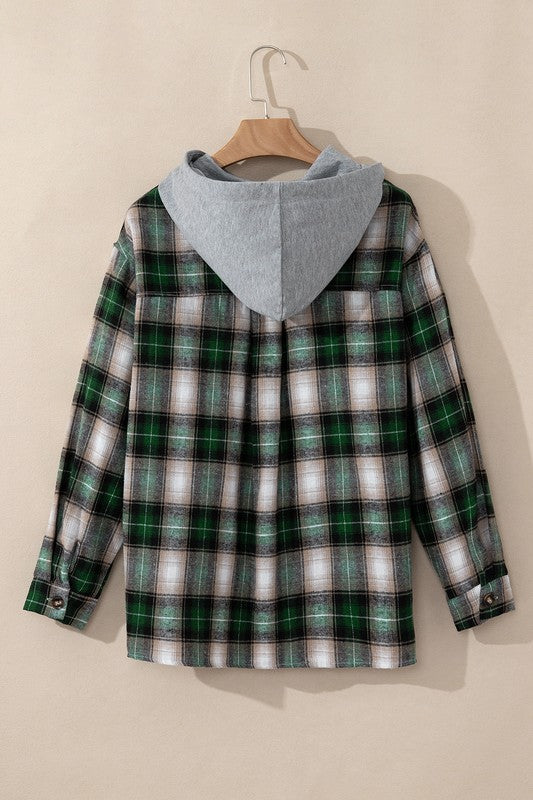 Plaid Print Chest Hooded Shacket Jackets