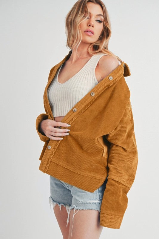Side Slit Exposed Seam Button Up Corduroy Jacket