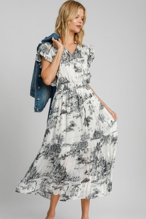 Full Size Two Tone Landscape Print Midi Dress Plus Size