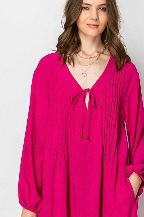 Pintuck A-line Dress With Front Tie (Hot Pink)