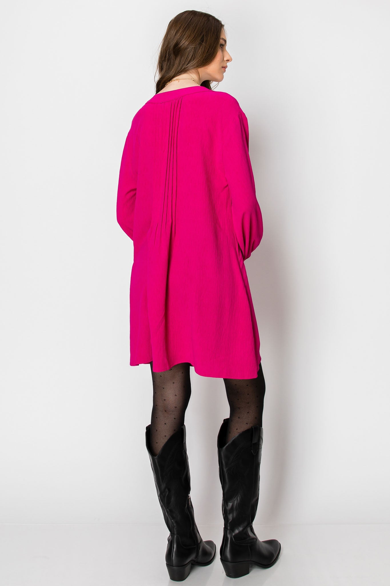 Pintuck A-line Dress With Front Tie (Hot Pink)