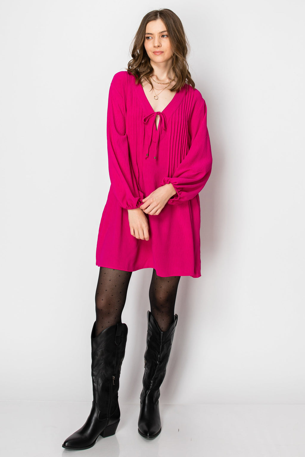 Pintuck A-line Dress With Front Tie (Hot Pink)