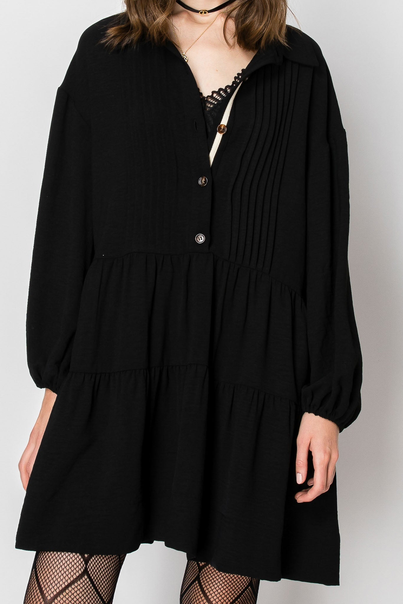 Long Sleeve Collared Button-Down Tiered Ruffle Dress