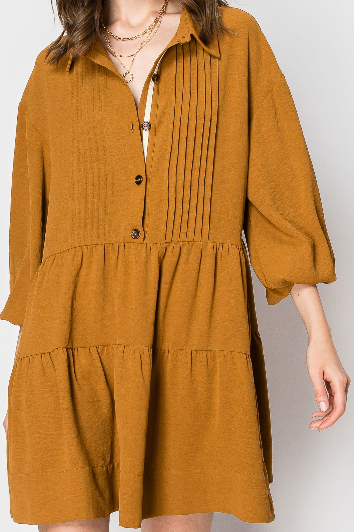 Long Sleeve Collared Button-Down Tiered Ruffle Dress