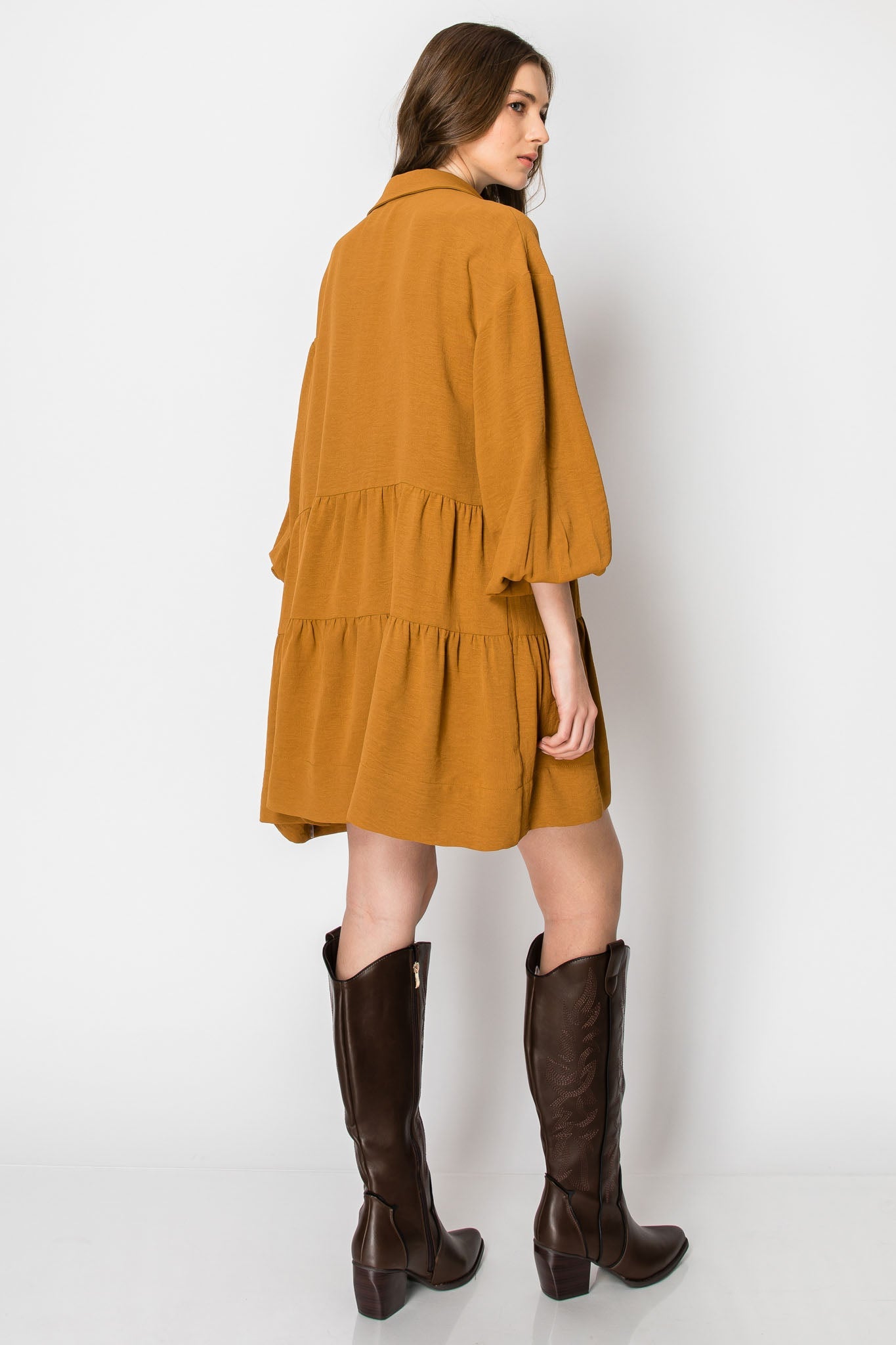 Long Sleeve Collared Button-Down Tiered Ruffle Dress