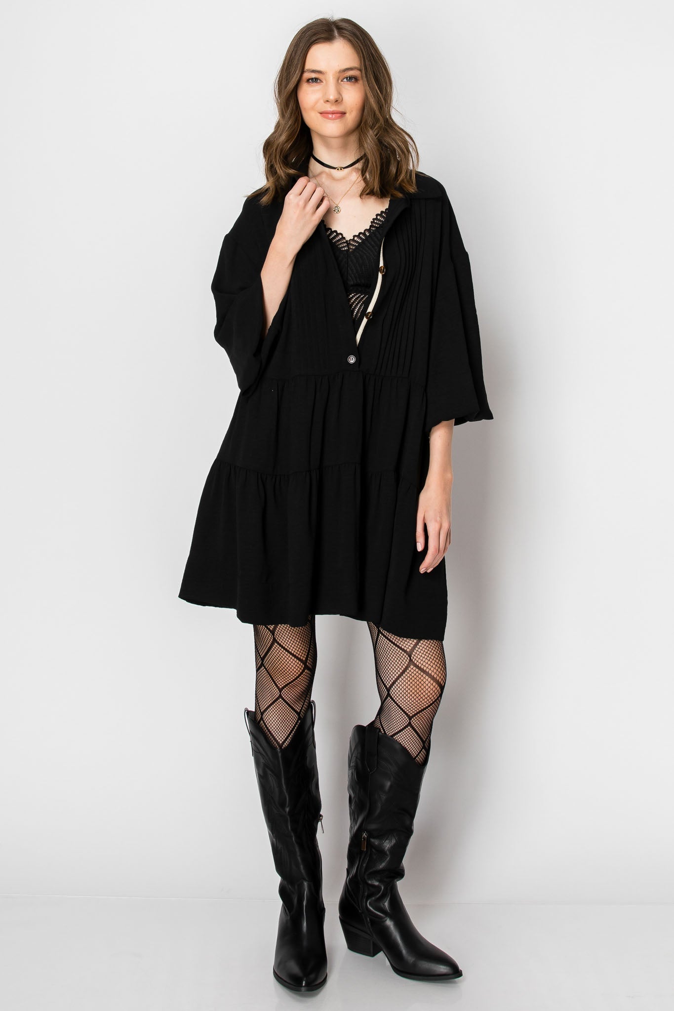 Long Sleeve Collared Button-Down Tiered Ruffle Dress