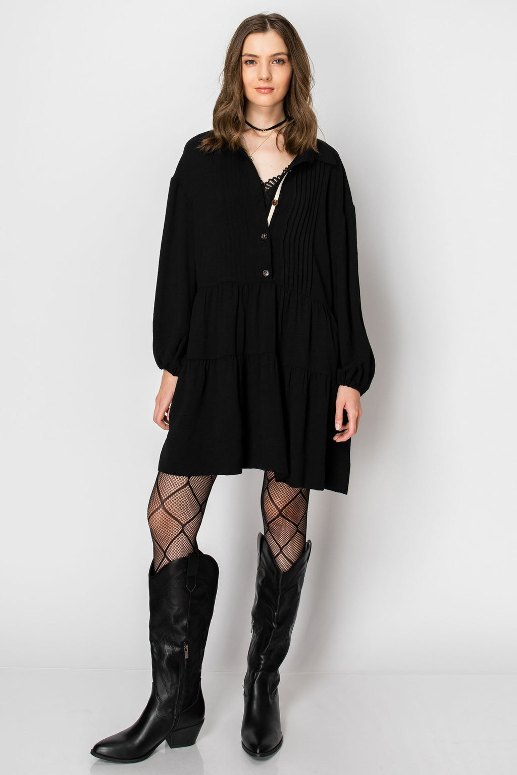 Long Sleeve Collared Button-Down Tiered Ruffle Dress