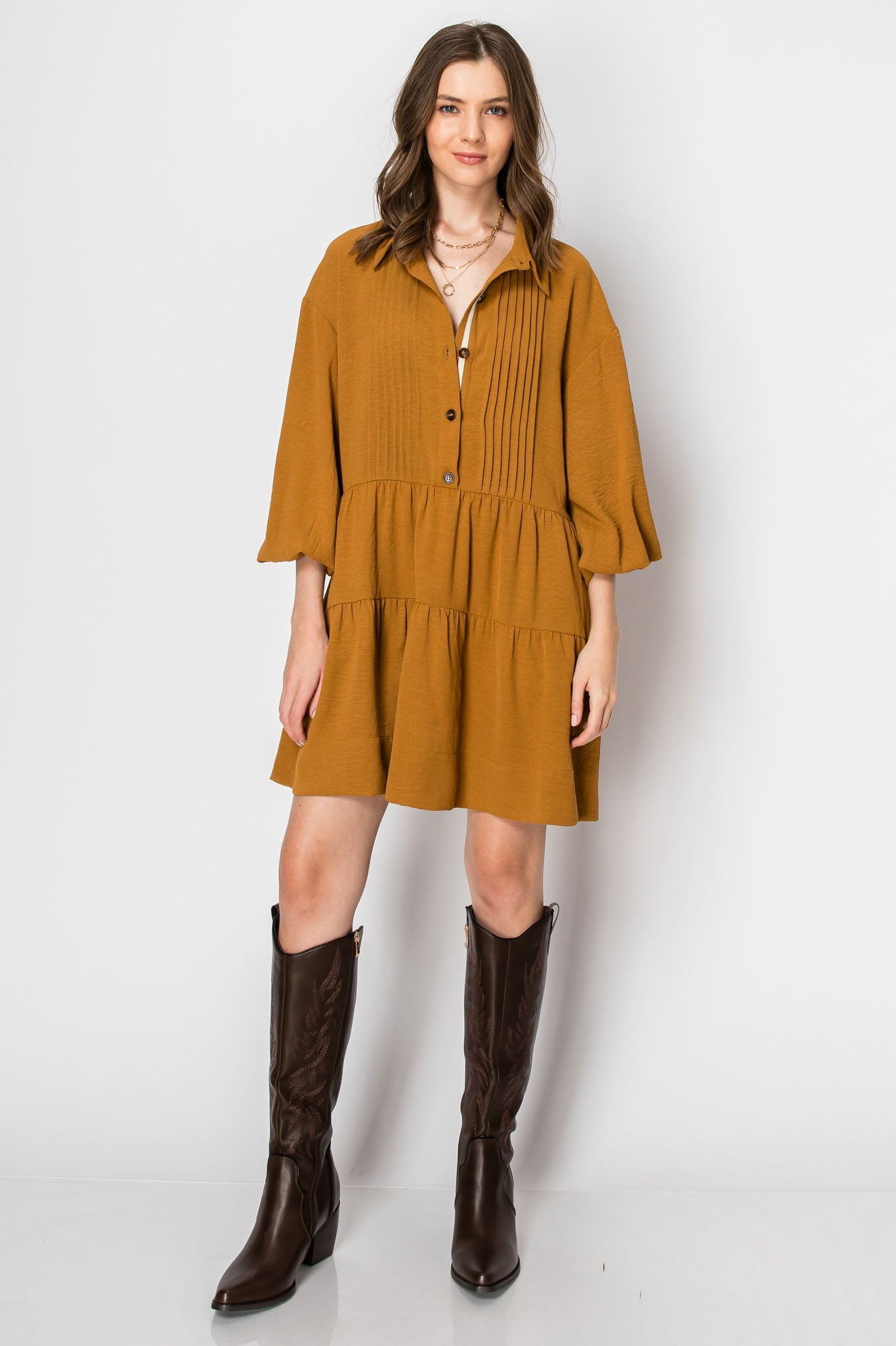 Long Sleeve Collared Button-Down Tiered Ruffle Dress