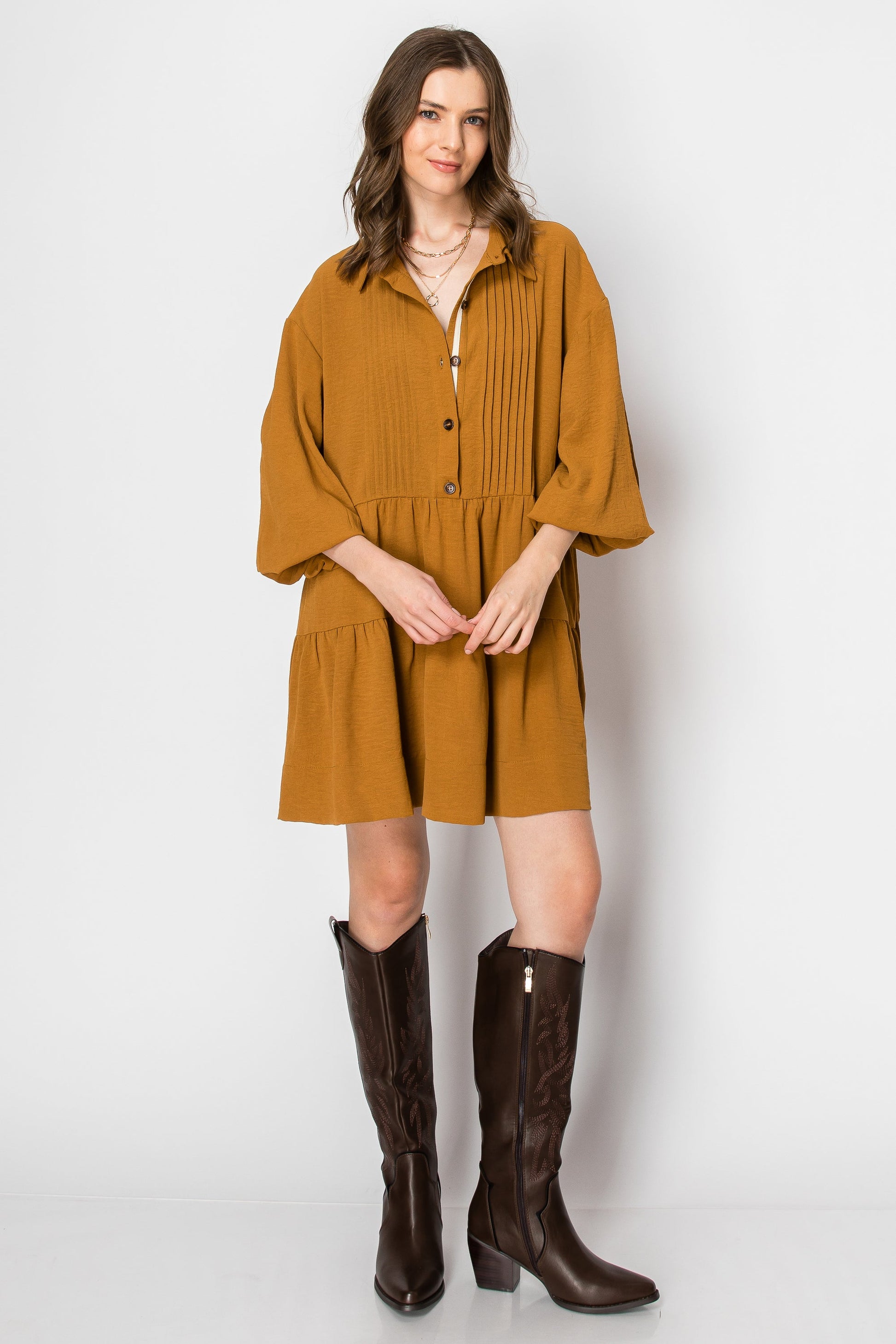 Long Sleeve Collared Button-Down Tiered Ruffle Dress