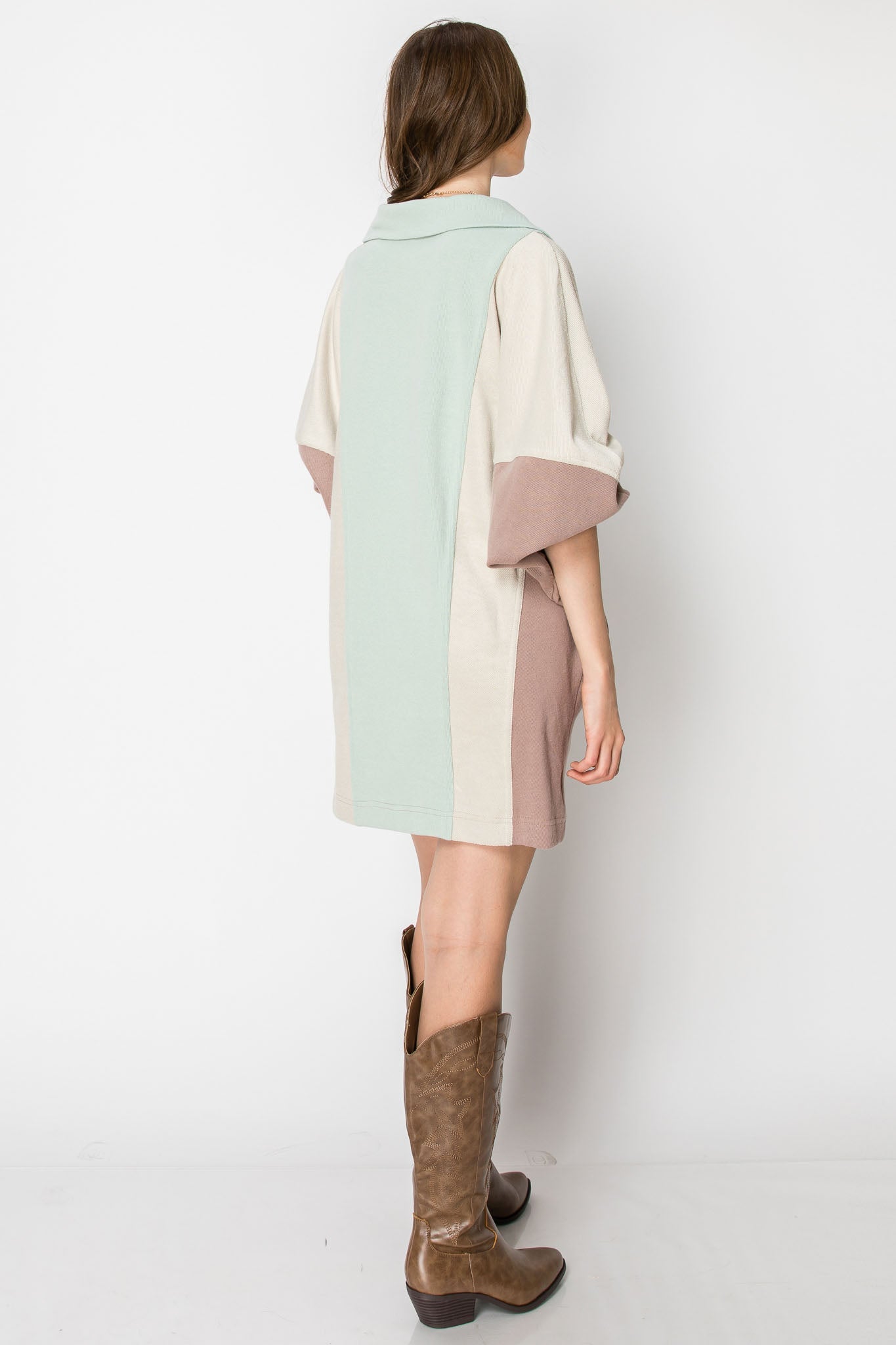 Long Sleeve Collared Mini Dress With Pockets