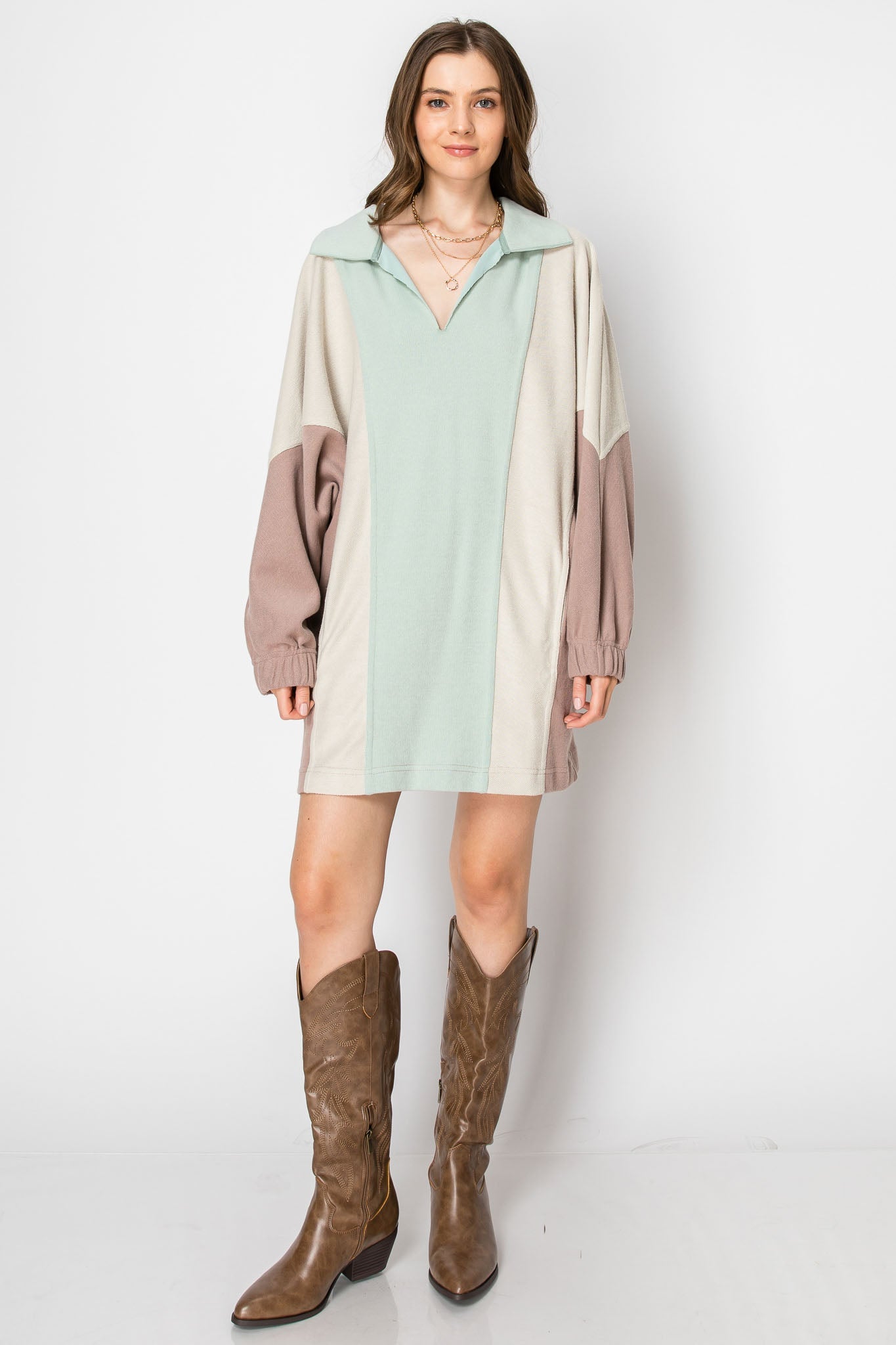 Long Sleeve Collared Mini Dress With Pockets