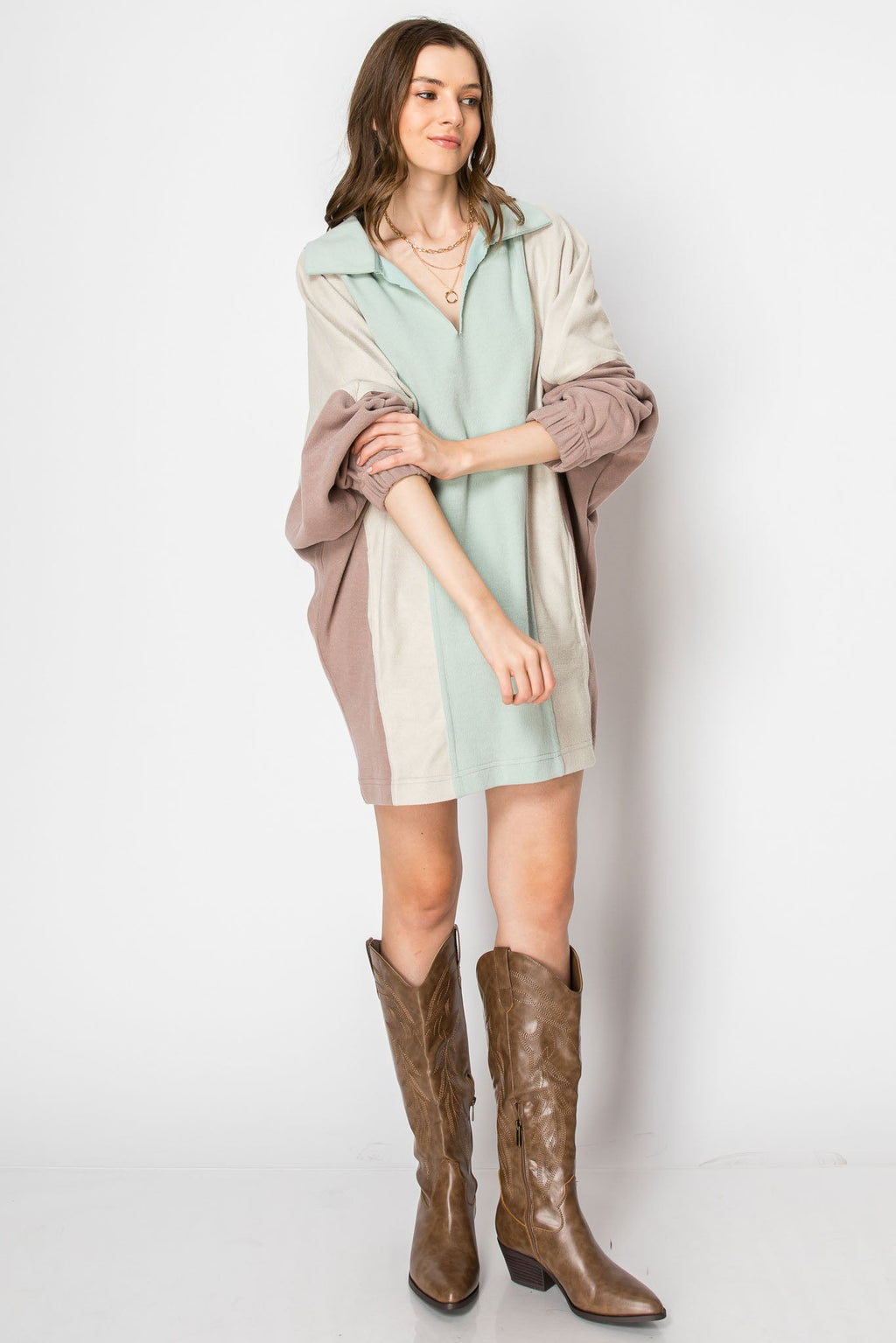 Long Sleeve Collared Mini Dress With Pockets