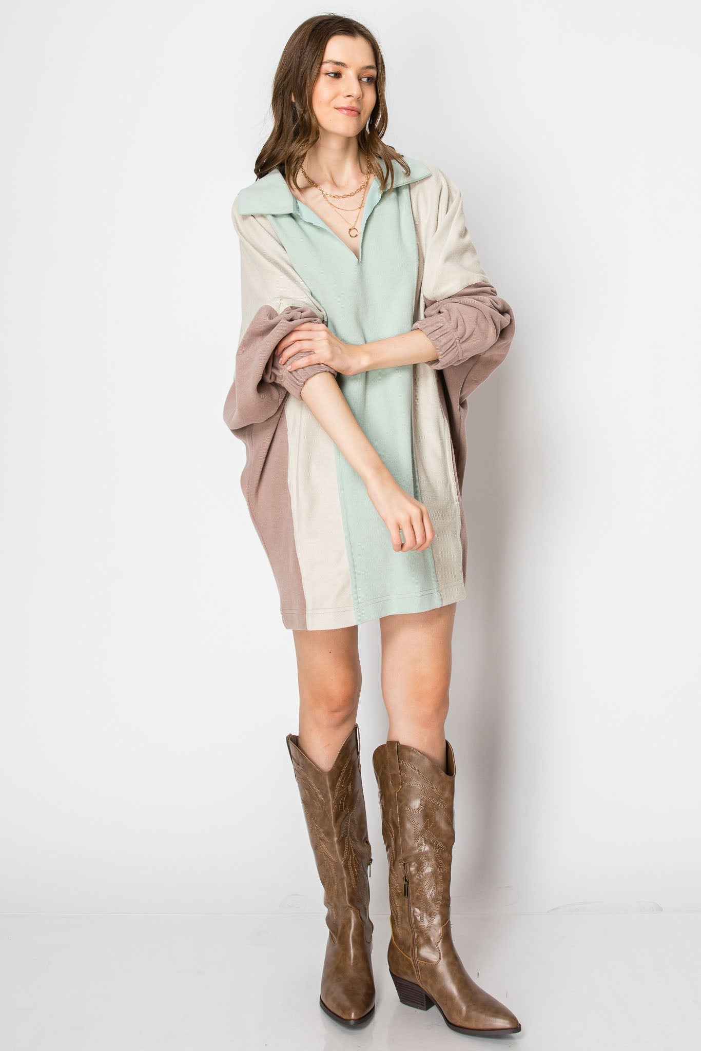 Long Sleeve Collared Mini Dress With Pockets