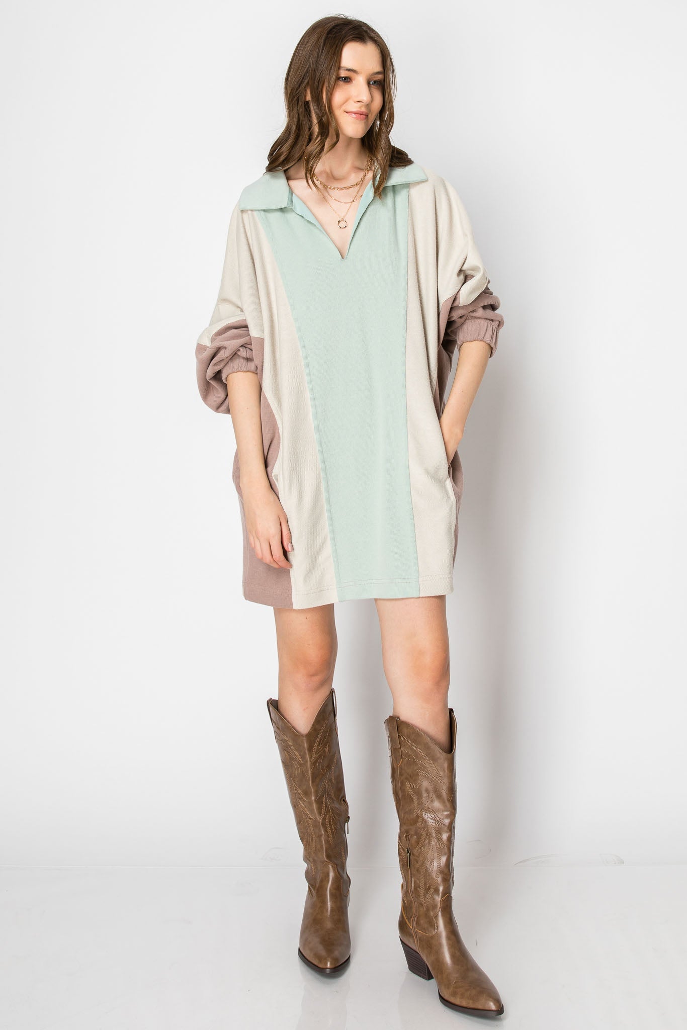 Long Sleeve Collared Mini Dress With Pockets