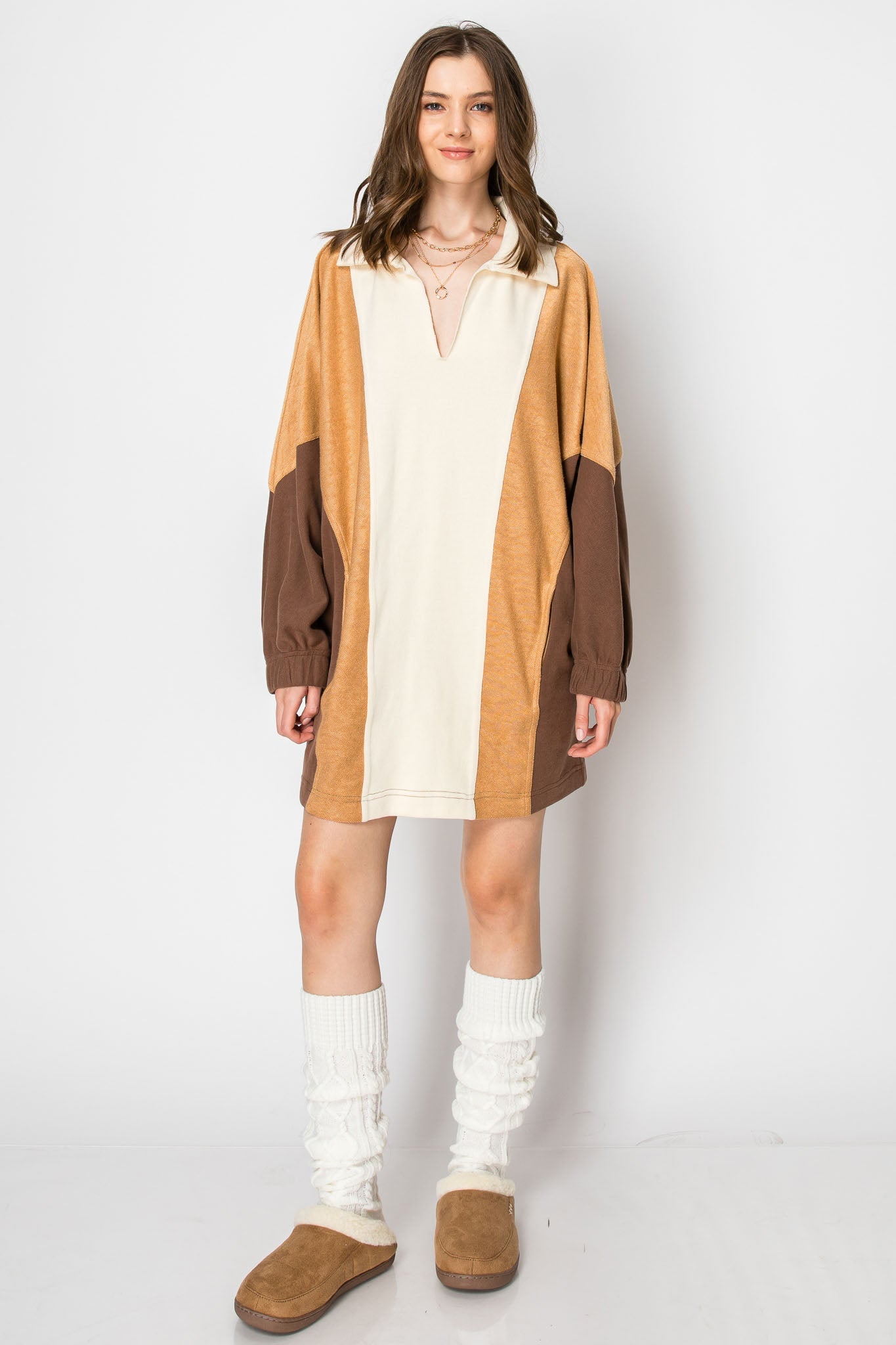 Long Sleeve Collared Mini Dress With Pockets