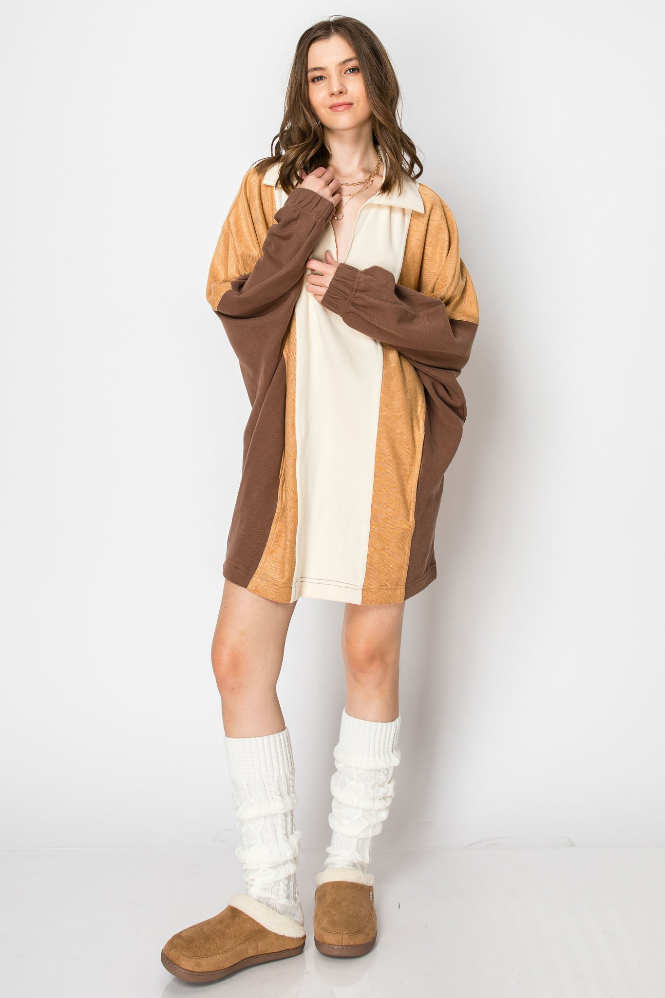 Long Sleeve Collared Mini Dress With Pockets