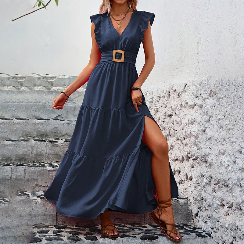 Elegant V-Neck High Slit Long Skirt