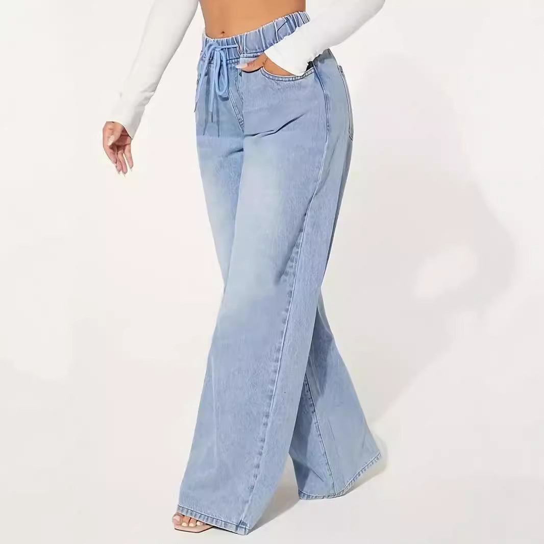 High Waist Drawstring Wide Leg Jeans – Light Blue