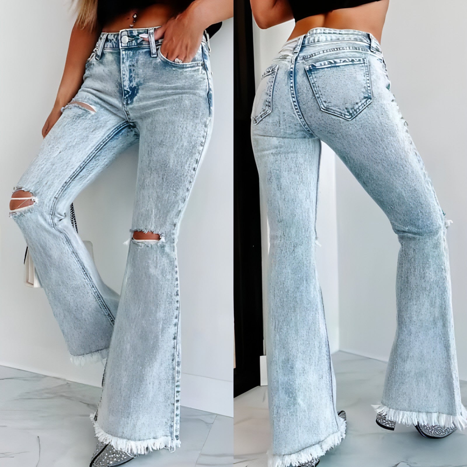 High-Waist Ripped Denim