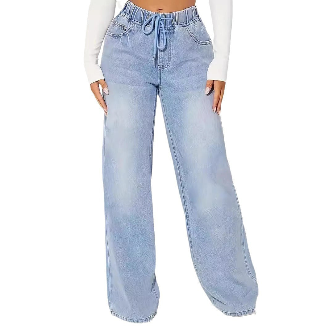 High Waist Drawstring Wide Leg Jeans – Light Blue