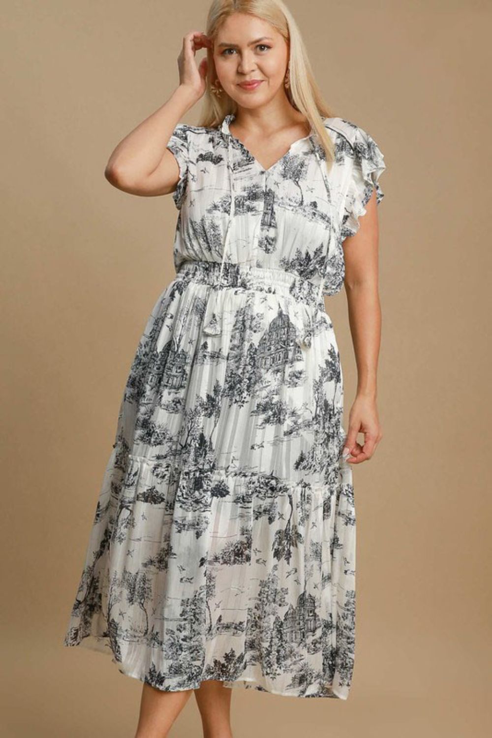 Full Size Two Tone Landscape Print Midi Dress Plus Size