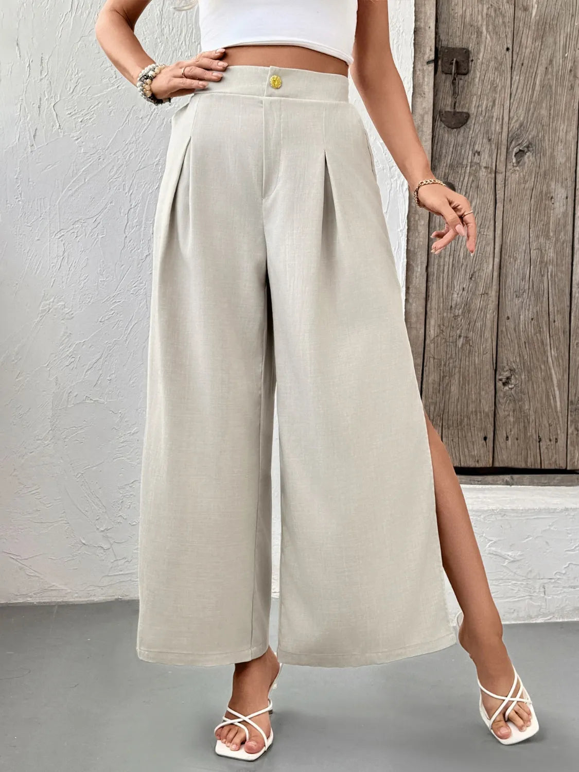 Slit Wide Leg Pleated Pants