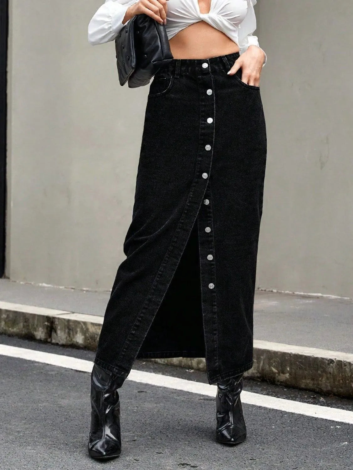 Button Front Denim Skirt