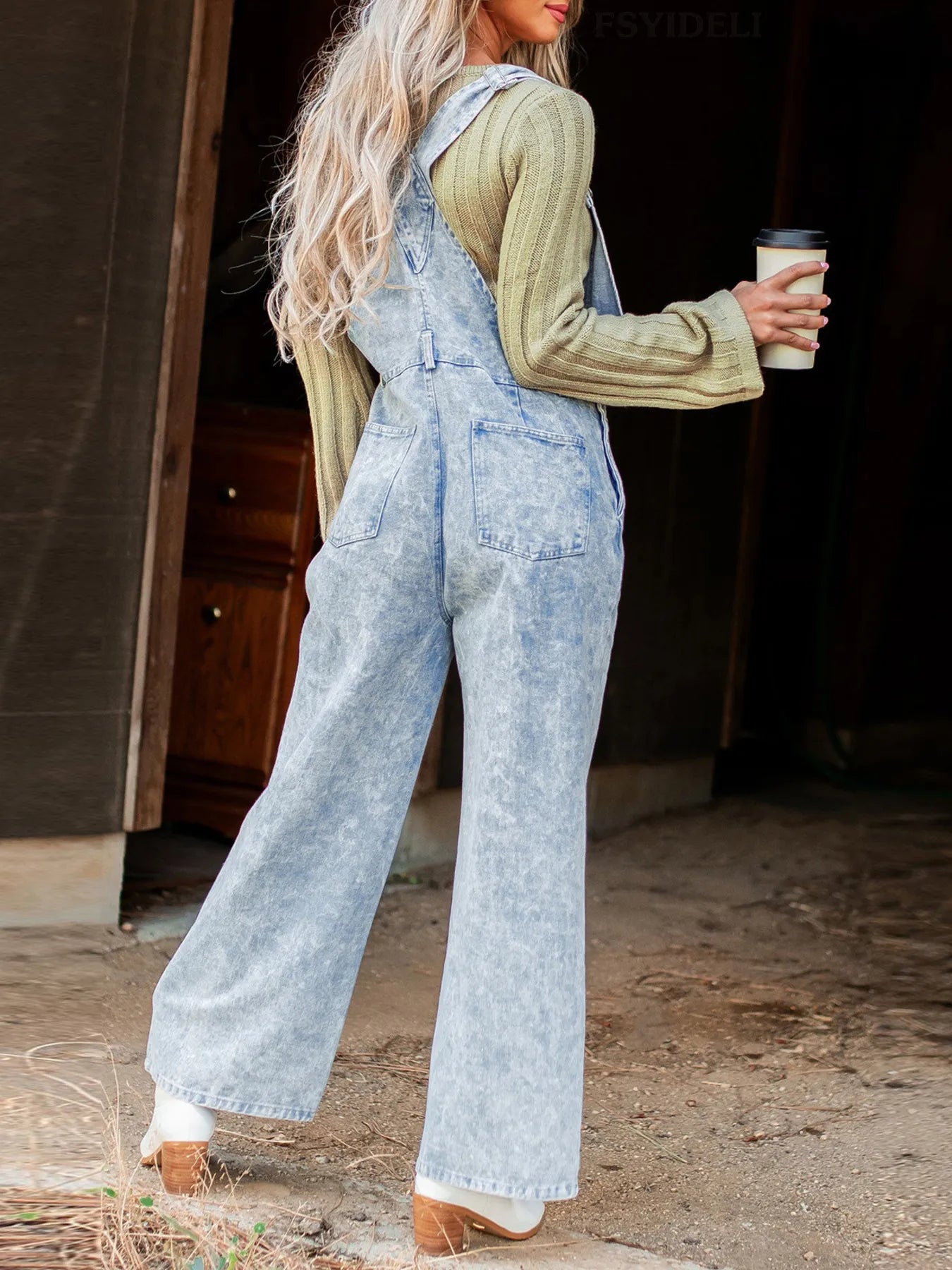 Vintage Washed Wide Leg Denim Overalls with Front Pockets