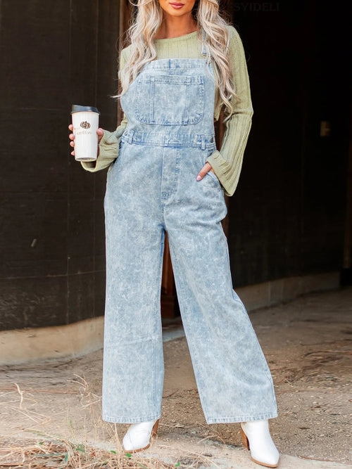 Vintage Washed Wide Leg Denim Overalls with Front Pockets