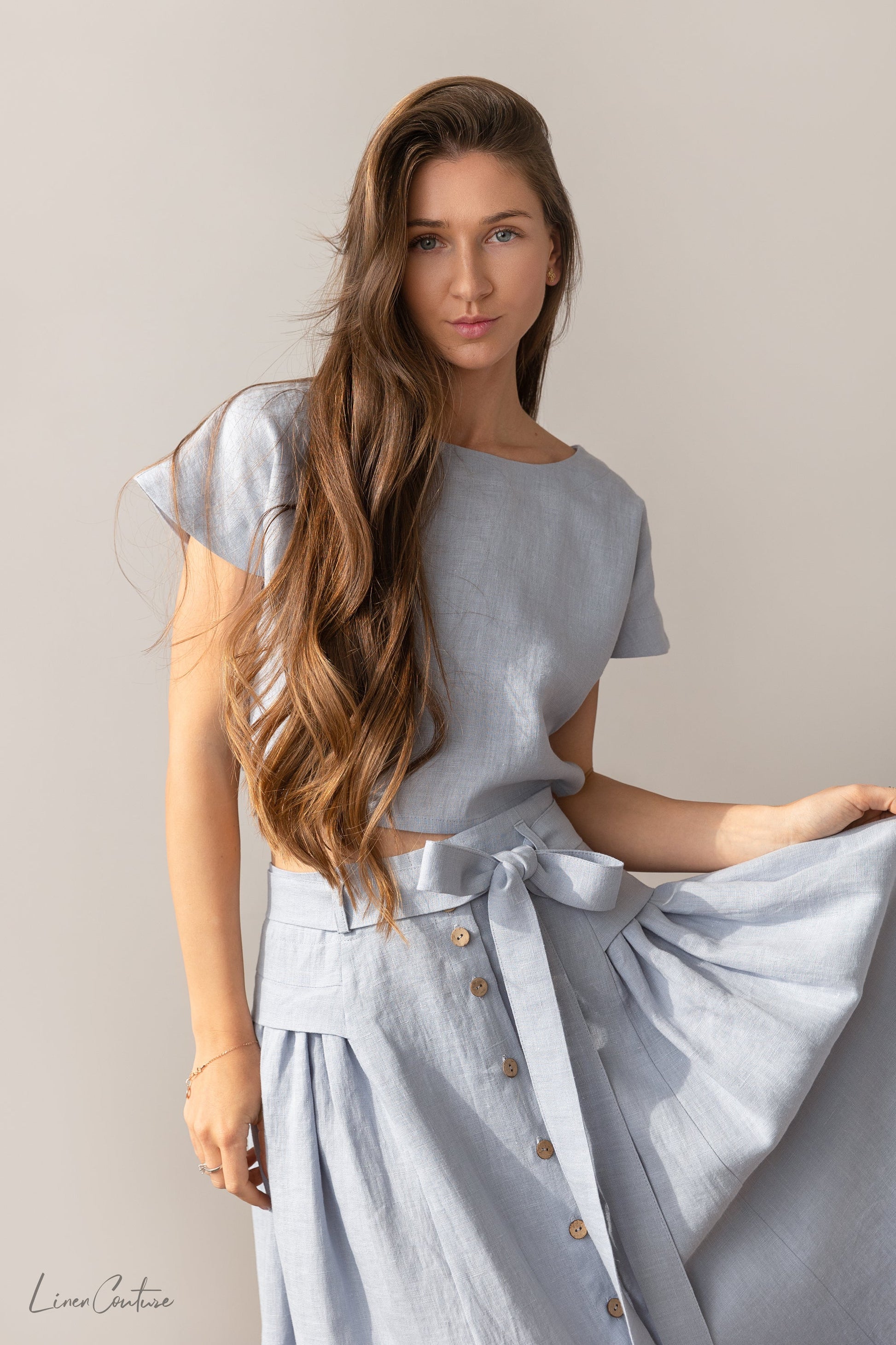 Ice Blue Linen Crop Top and Midi Skirt Se
