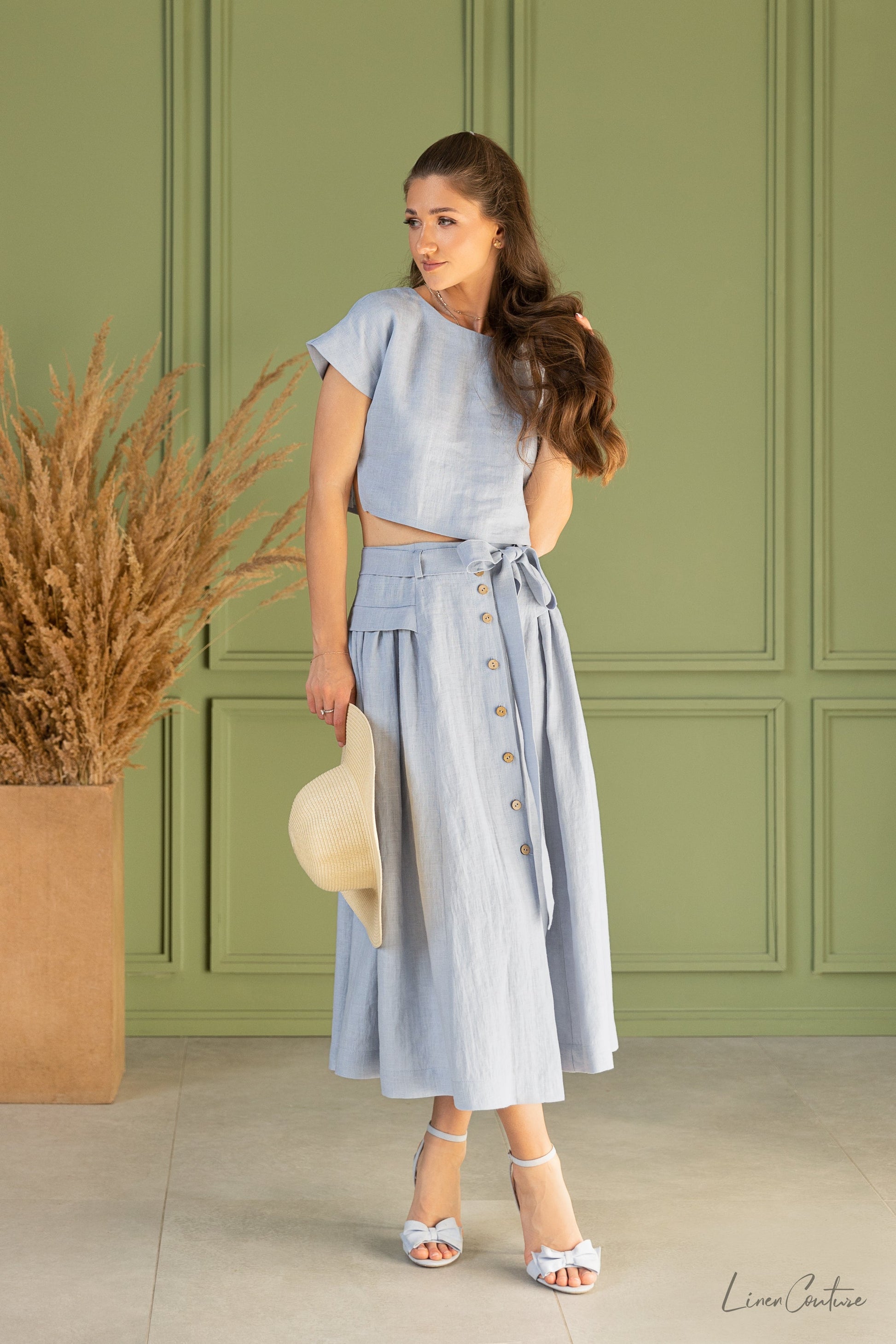 Ice Blue Linen Crop Top and Midi Skirt Se