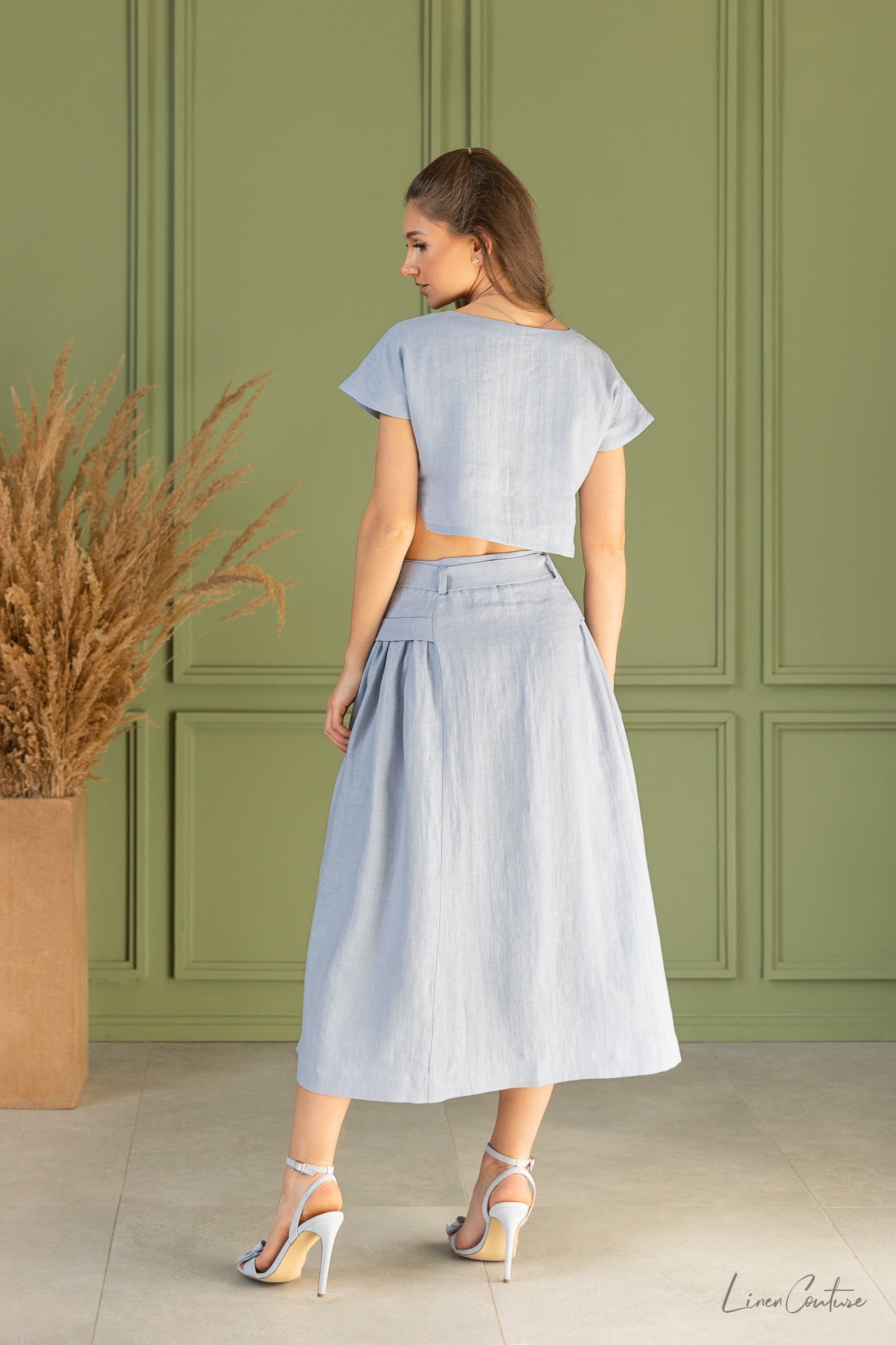 Ice Blue Linen Crop Top and Midi Skirt Se
