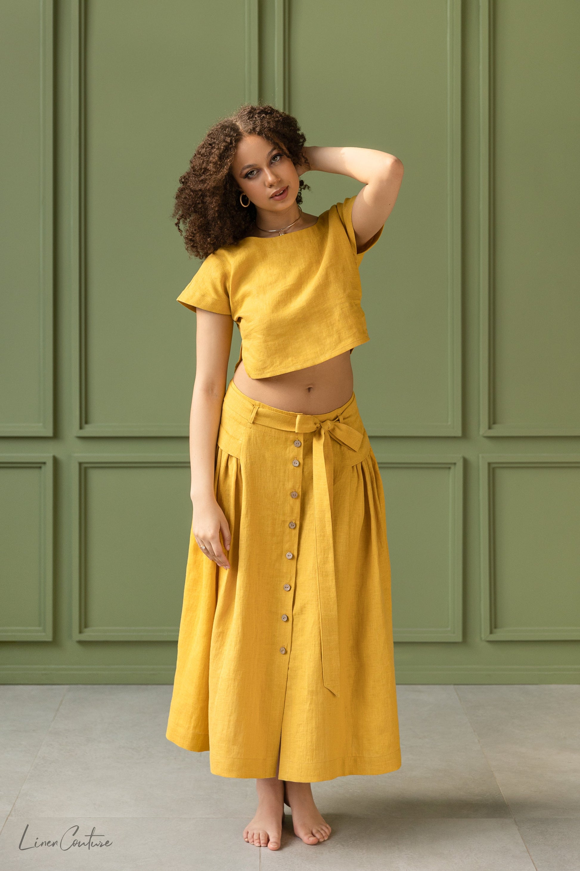 Honey Linen Crop Top and Midi Skirt Set
