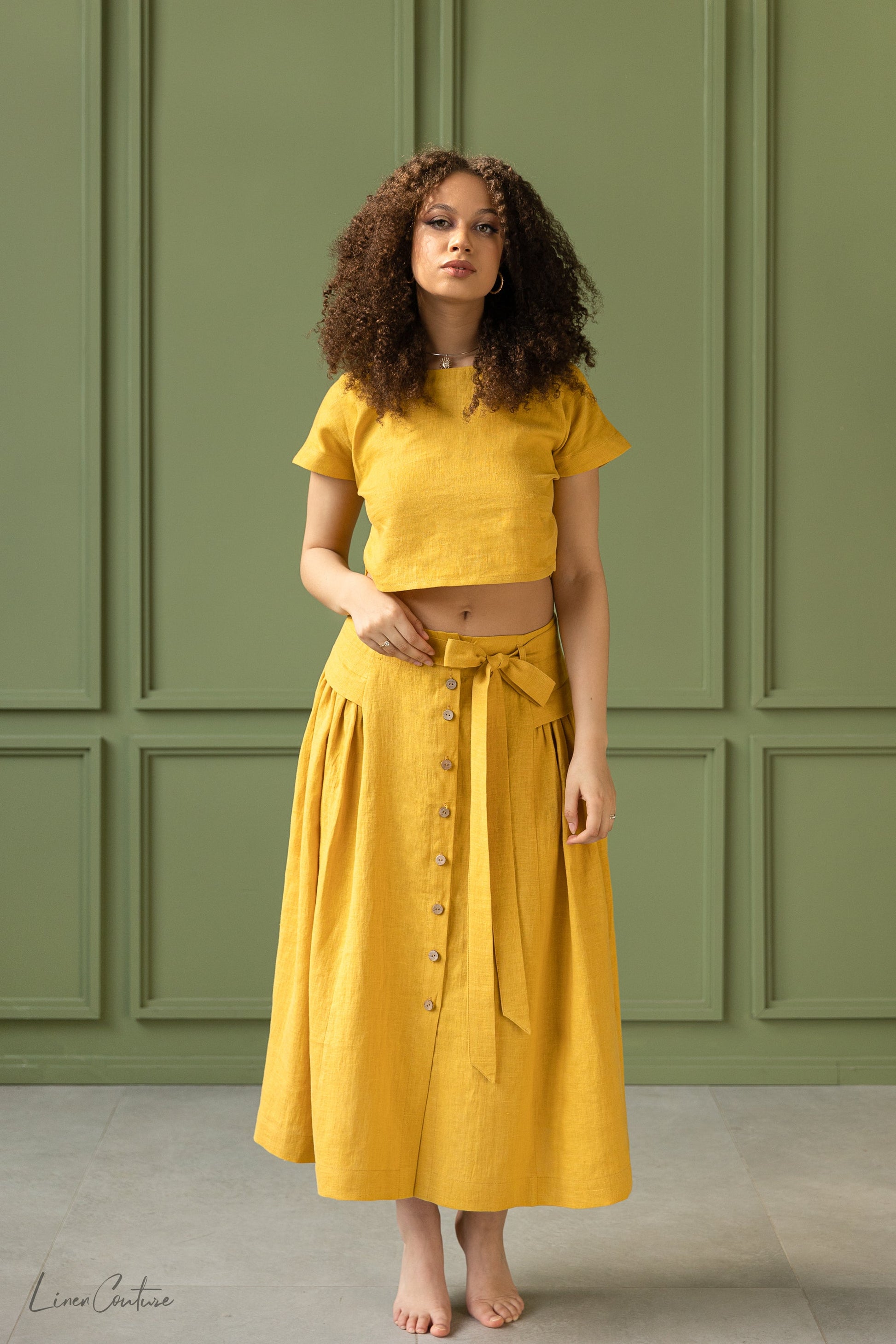 Honey Linen Crop Top and Midi Skirt Set