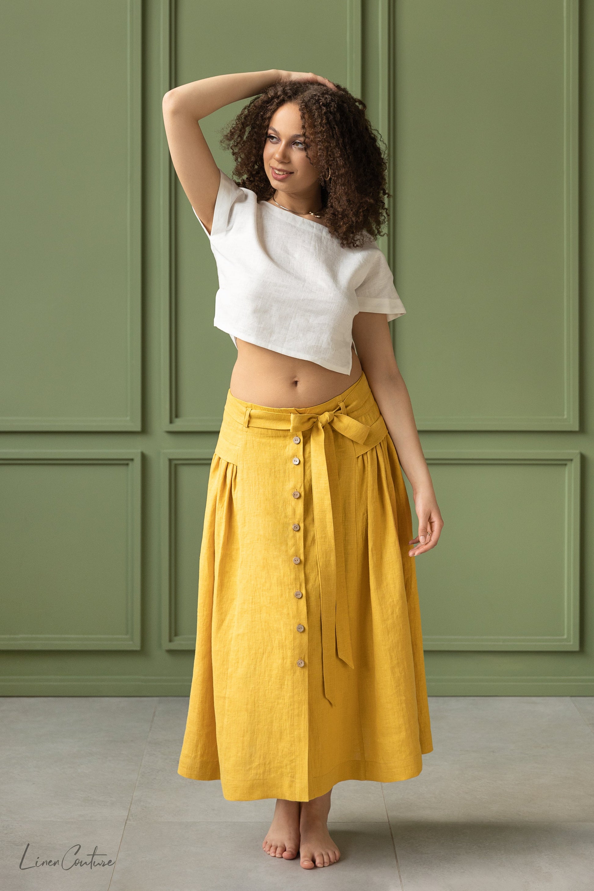 Honey Linen Crop Top and Midi Skirt Set