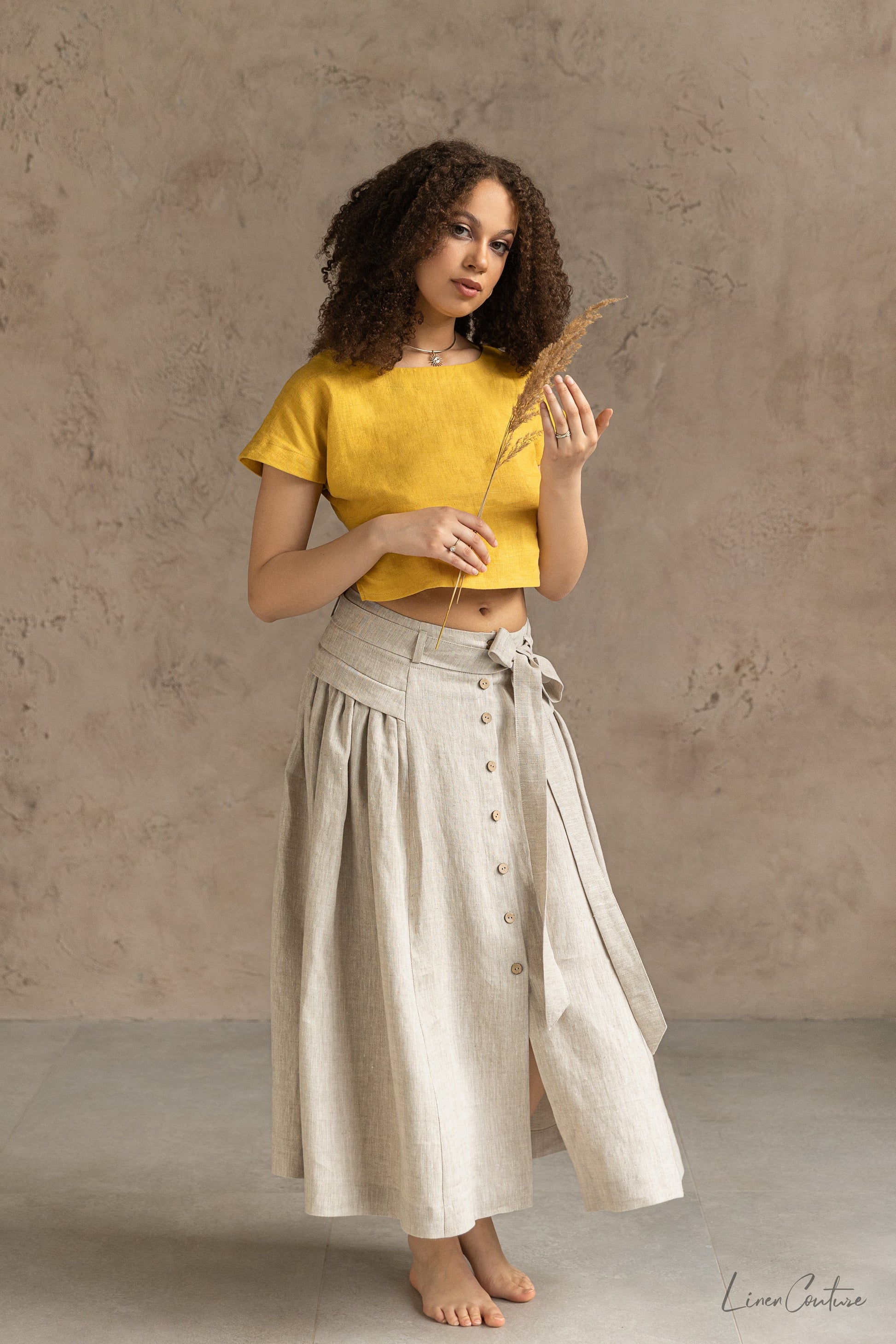 Honey Linen Crop Top and Midi Skirt Set