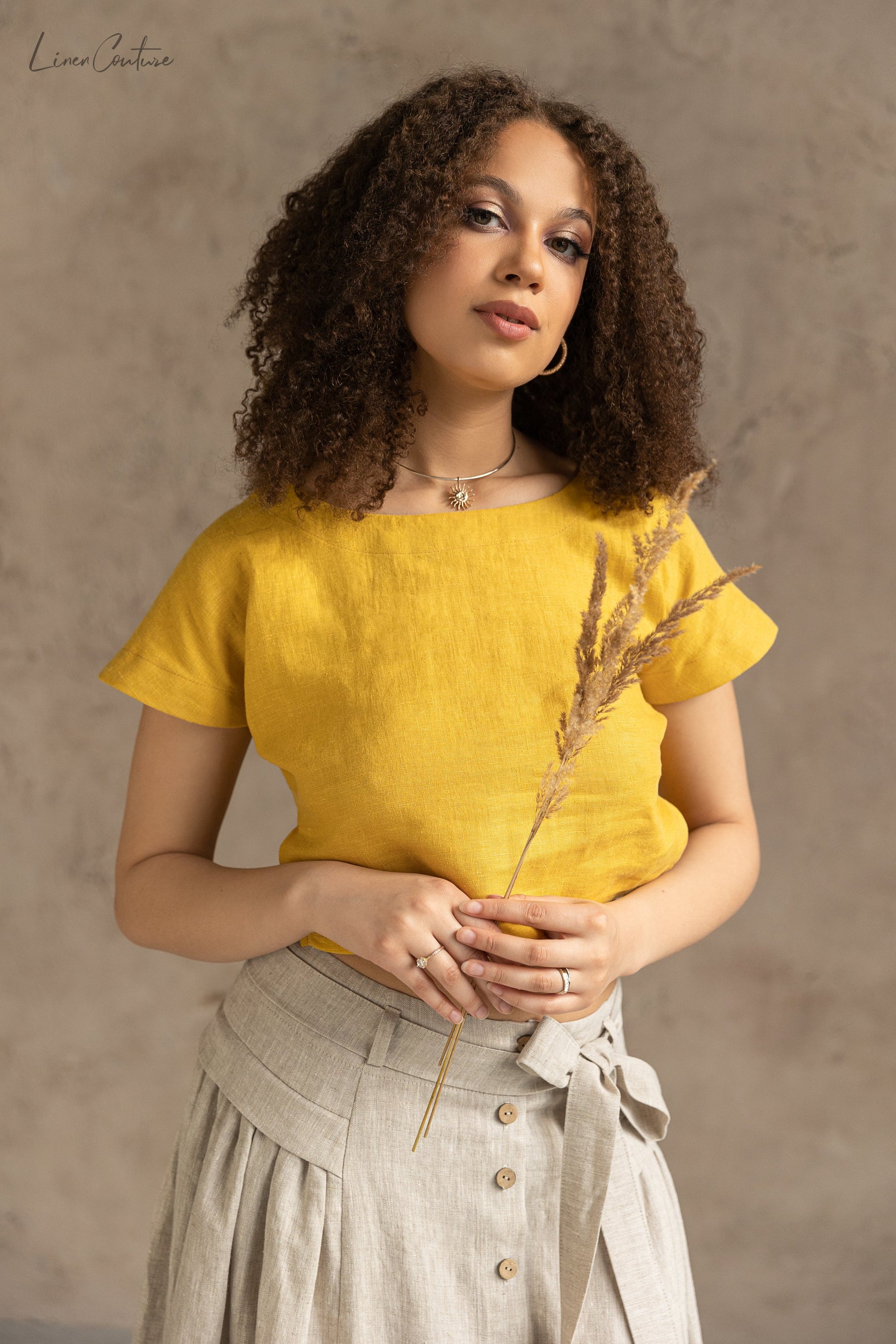 Honey Linen Crop Top and Midi Skirt Set